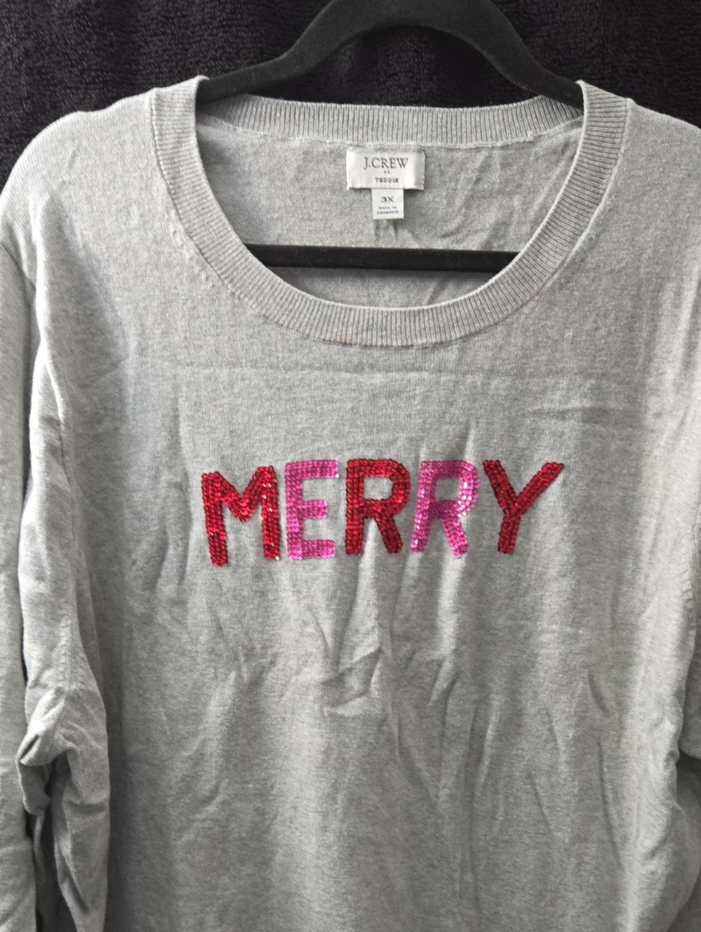 J. Crew Gray Sweatshirt with Red and Pink Sequin MERRY